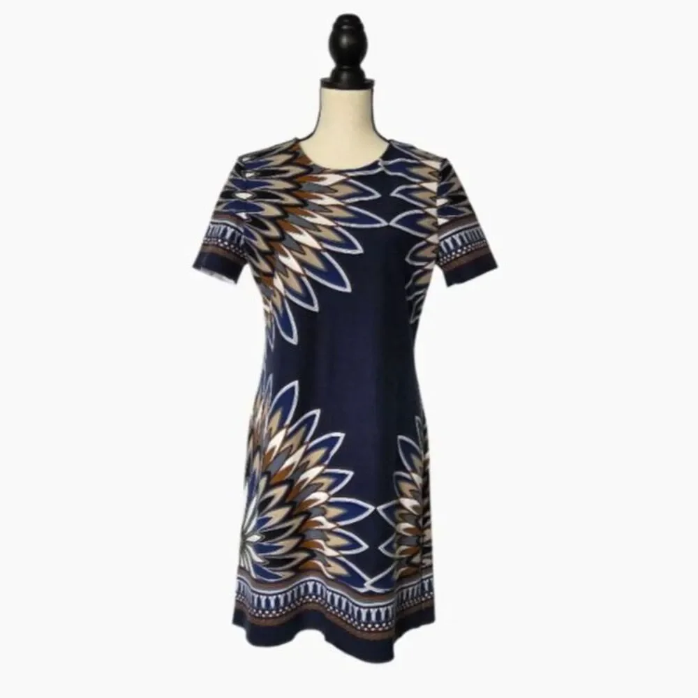 Tory Burch Deco-Fan Print Short-Sleeve Shift Dress Sz L Blue Stretch Comfy